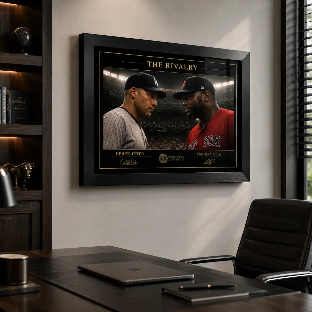 Jeter vs Ortiz rivalry baseball wall art in a modern executive office above a dark timber desk