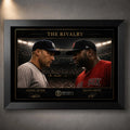 Black framed Jeter vs Ortiz baseball rivalry wall art featuring both players facing off under stadium lights