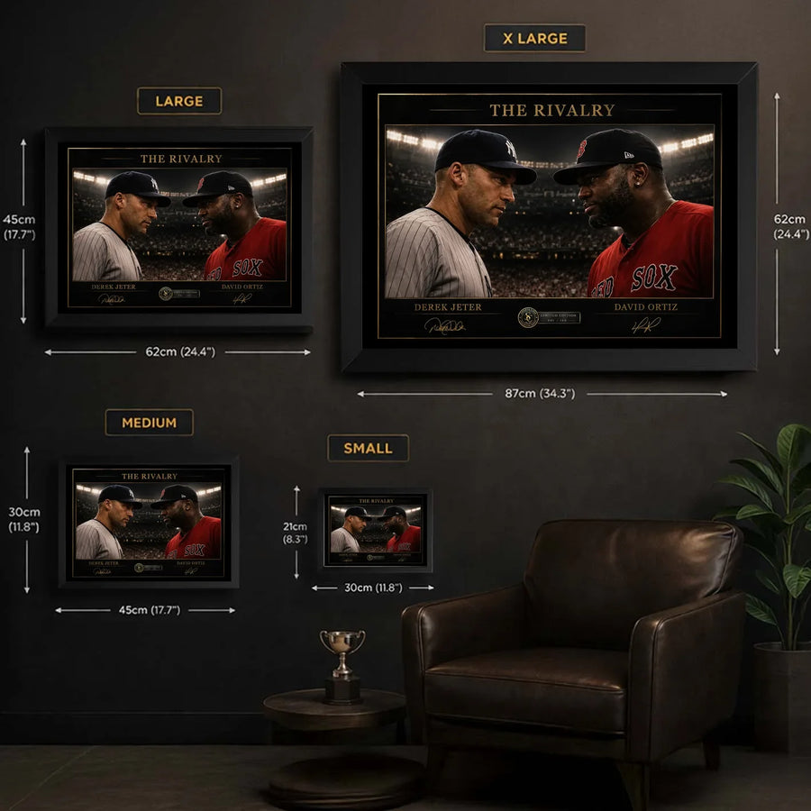 Jeter vs Ortiz framed baseball wall art size guide showing Small Medium Large and XL dimensions