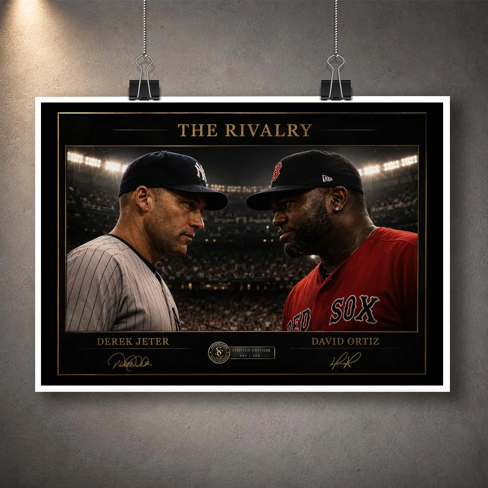 Unframed Jeter vs Ortiz baseball rivalry artwork showing both players face to face under stadium lights