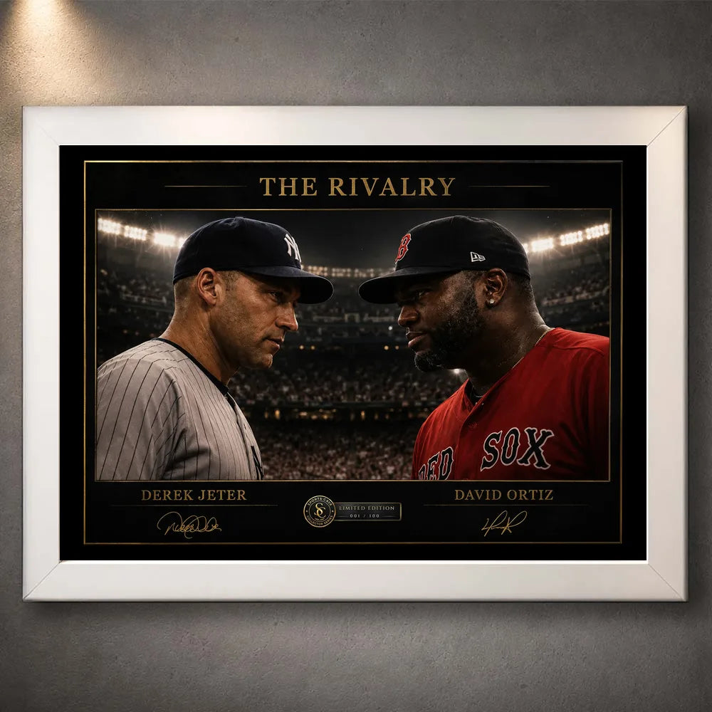 White framed Jeter vs Ortiz baseball rivalry wall art with both players facing off in a stadium