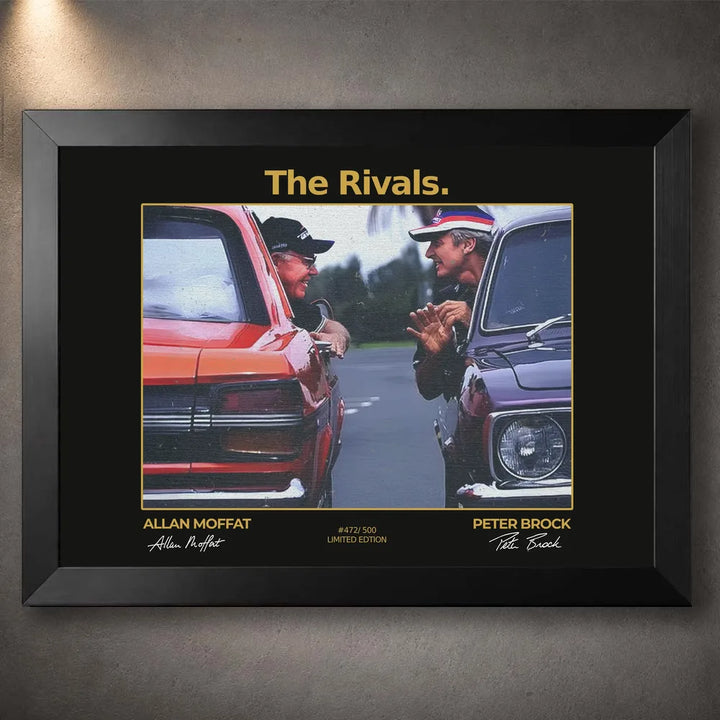 Black framed Brock vs Moffat motorsport wall art celebrating The Rivals for Australian racing collectors.