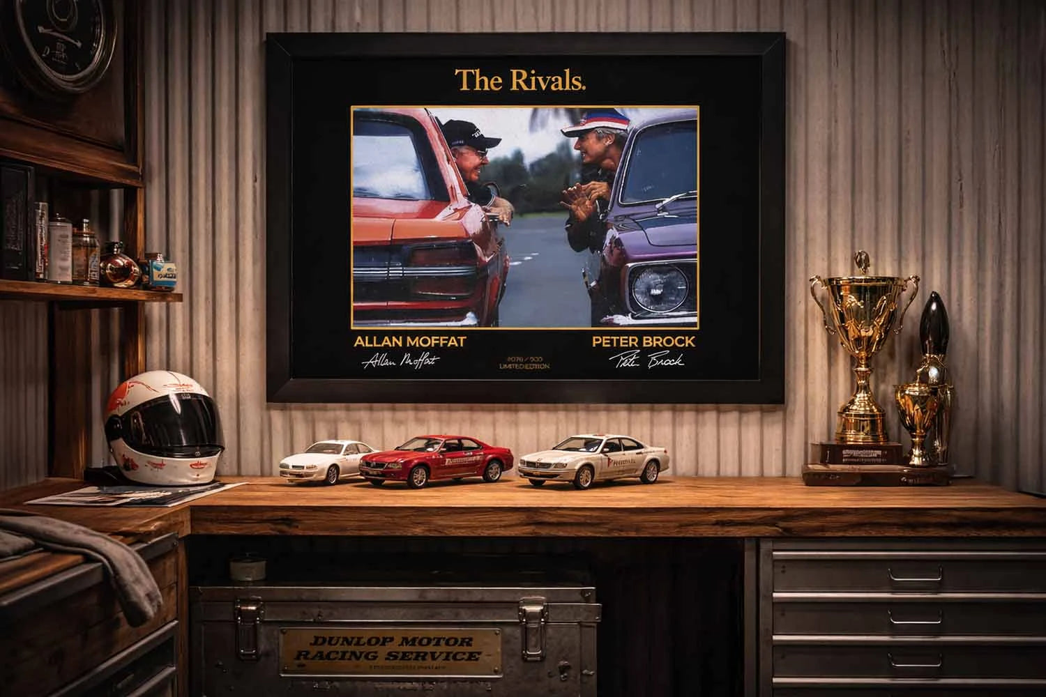 Limited edition Allan Moffat and Peter Brock Bathurst wall art framed in black, displayed in a premium Australian motorsport collector garage.