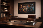 Max Verstappen World Champion office display featuring framed sports memorabilia in executive workspace.