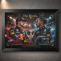 Black framed The Rivals Verstappen vs Hamilton F1 wall art for motorsport collectors and elite racing man caves.