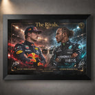 Black framed The Rivals Verstappen vs Hamilton F1 wall art for motorsport collectors and elite racing man caves.