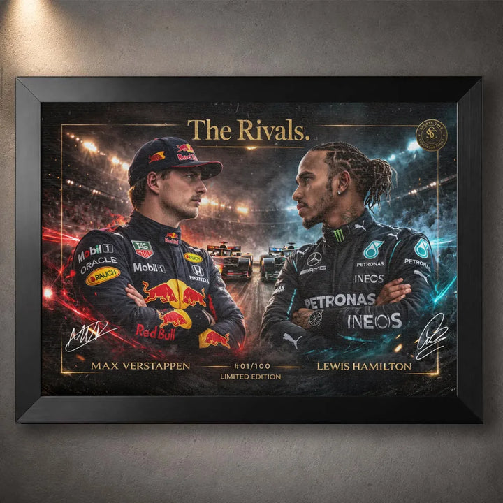 Black framed The Rivals Verstappen vs Hamilton F1 wall art for motorsport collectors and elite racing man caves.