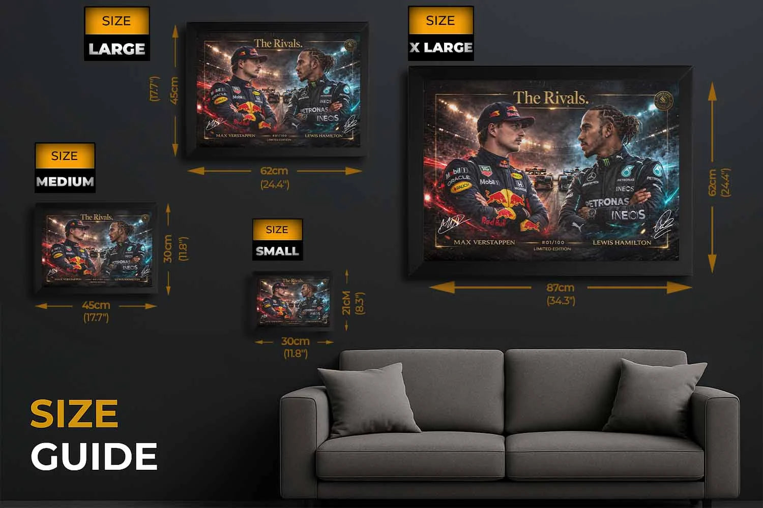 Size guide for Max Verstappen World Champion framed sports wall art showing available dimensions.