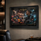 The Rivals Verstappen vs Hamilton motorsport wall art displayed in a dark man cave for serious racing collectors.