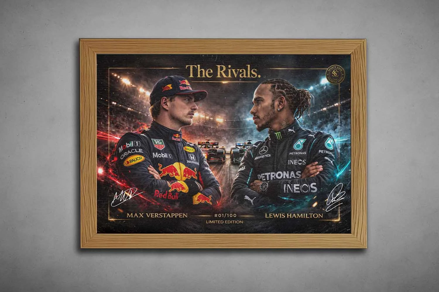 Oak framed Max Verstappen World Champion Red Bull F1 print, limited edition sports prints design.