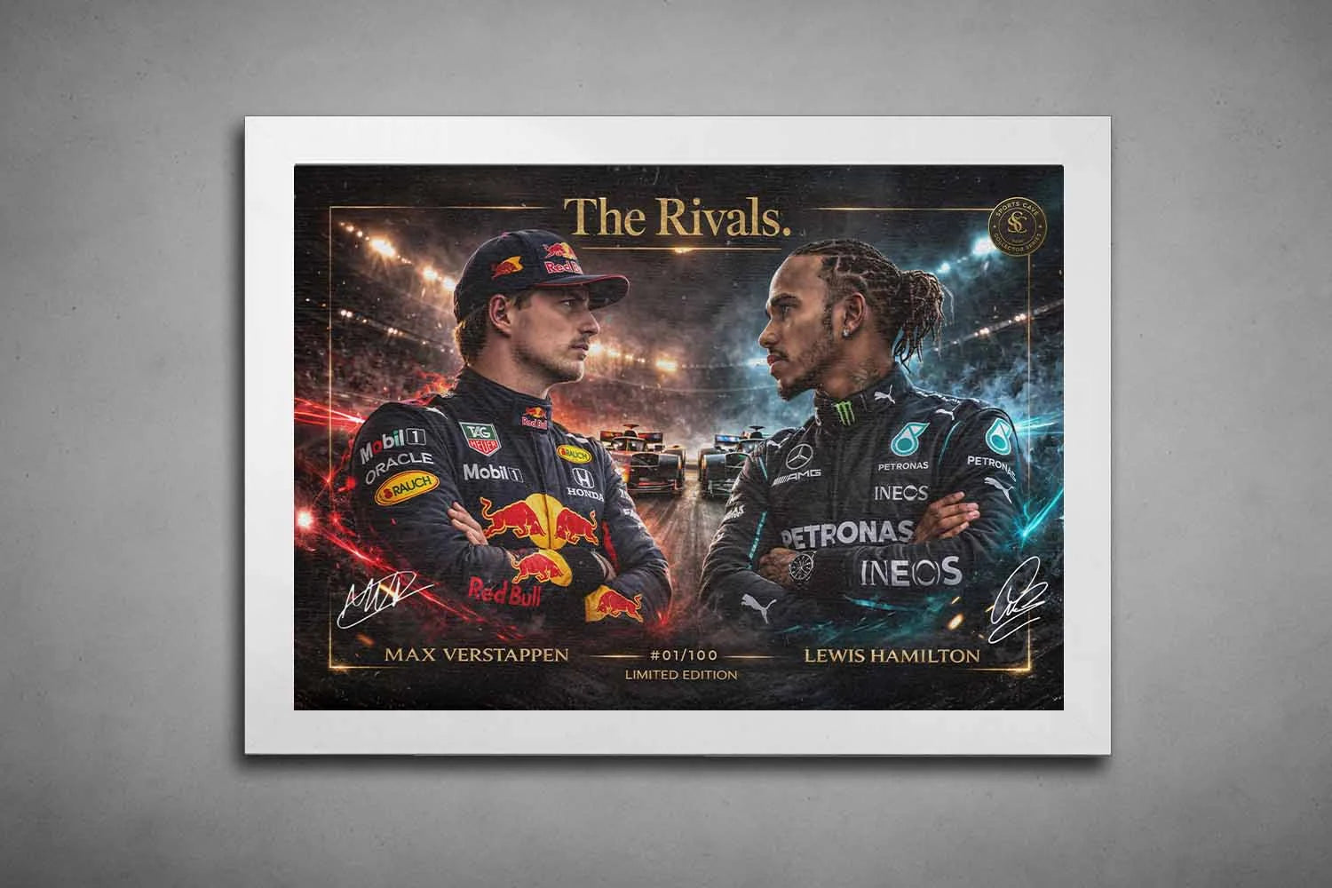 White framed Max Verstappen World Champion print featuring Red Bull F1 car, premium framed sports art.