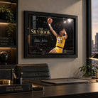 Kareem Abdul-Jabbar The Skyhook wall art displayed in a modern office above a desk with a black leather chair.