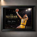 Black framed Kareem Abdul-Jabbar The Skyhook basketball wall art featuring his iconic No. 33 Lakers tribute design.