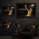Kareem Abdul-Jabbar The Skyhook wall art size guide showing Small, Medium, Large and X Large framed dimensions.