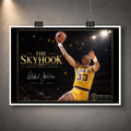 Unframed Kareem Abdul-Jabbar The Skyhook basketball wall art design shown with a clean white border and hanging clips.