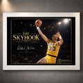 White framed Kareem Abdul-Jabbar The Skyhook basketball wall art with the gold-on-black collector design and No. 33 tribute.