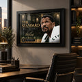 Bill Russell wall art displayed in a modern office, showing the black framed The Standard basketball collector design.