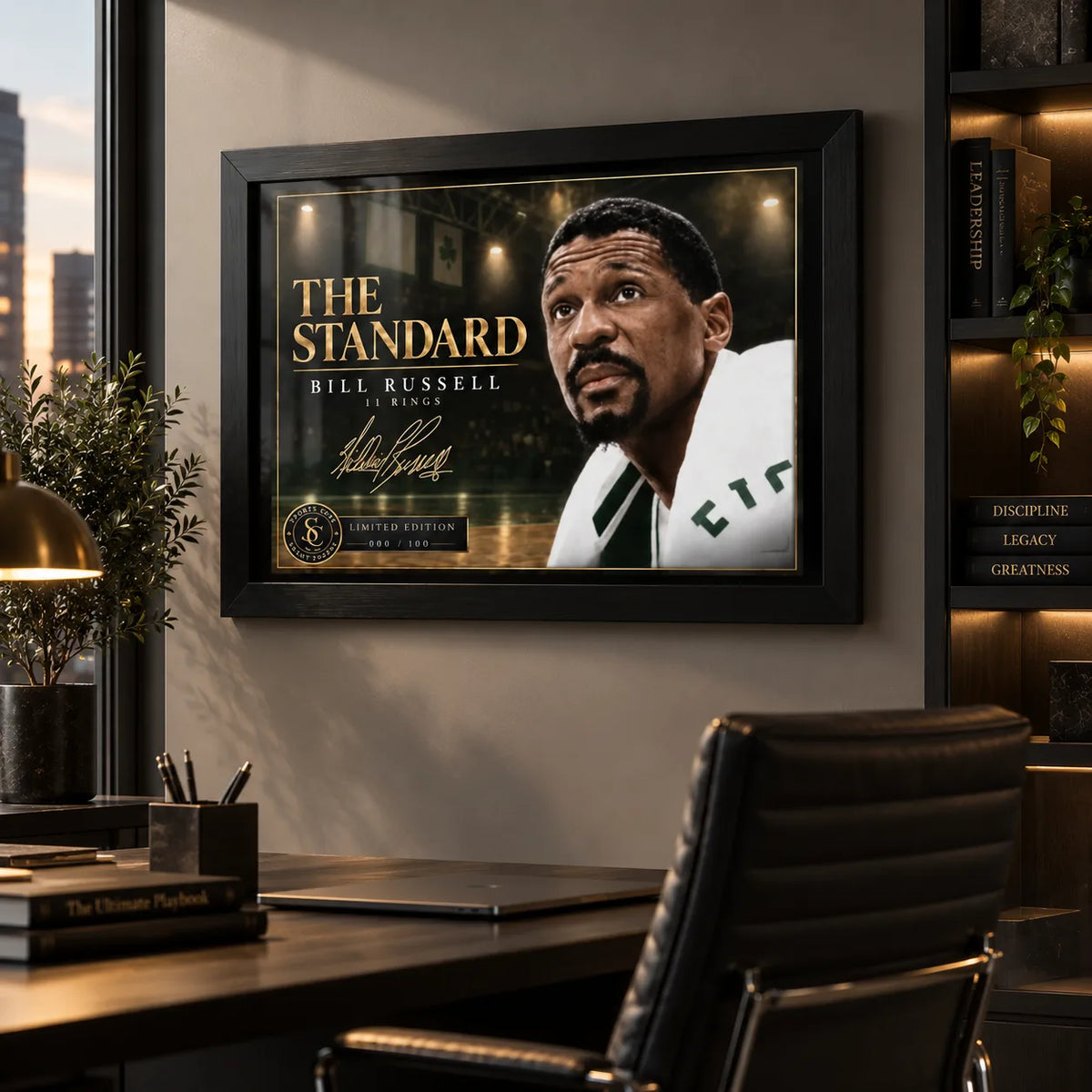 Bill Russell wall art displayed in a modern office, showing the black framed The Standard basketball collector design.