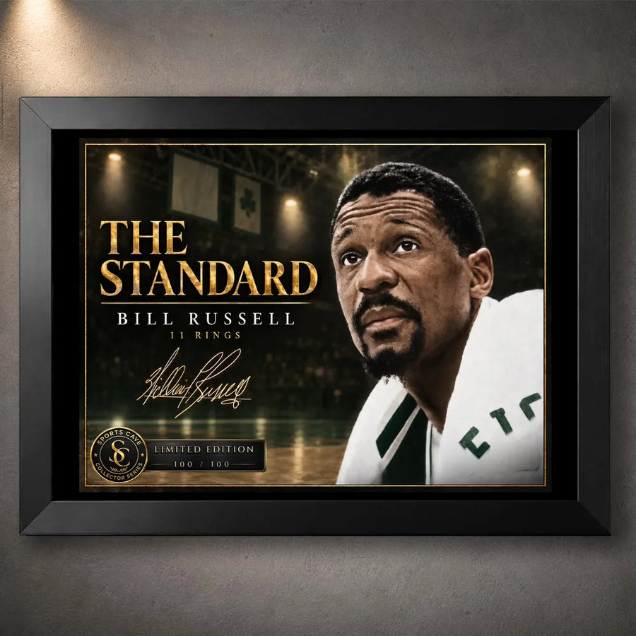 Black framed Bill Russell wall art featuring The Standard basketball collector design in a clean product presentation.