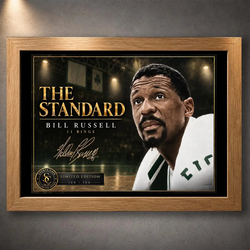 Oak framed Bill Russell wall art featuring The Standard basketball collector design in a clean product presentation.