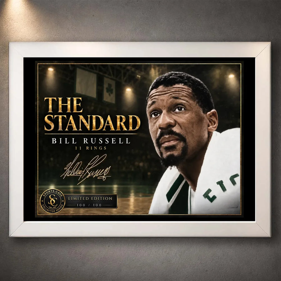 White framed Bill Russell wall art featuring The Standard basketball collector design in a clean product presentation.