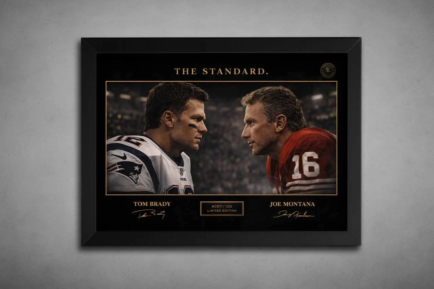 Black framed sports wall art featuring Tom Brady and Joe Montana face to face, premium collector design with dramatic NFL legacy focus.