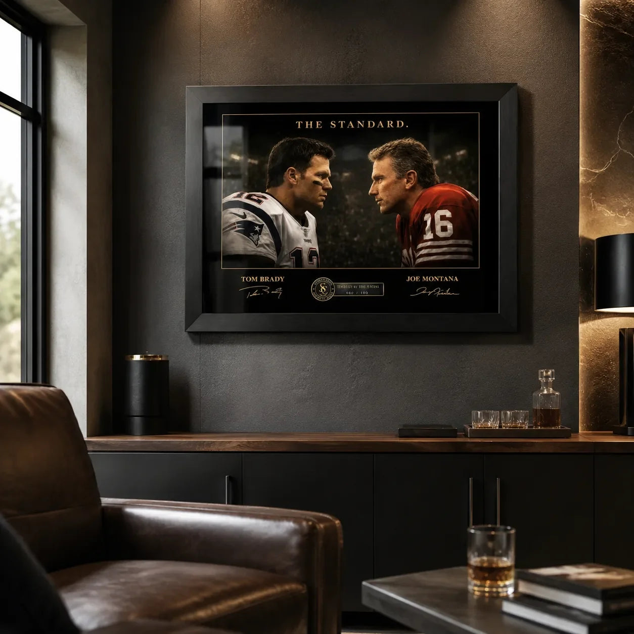 Tom Brady vs Joe Montana NFL wall art in a dark premium man cave with leather seating and bar cabinetry.