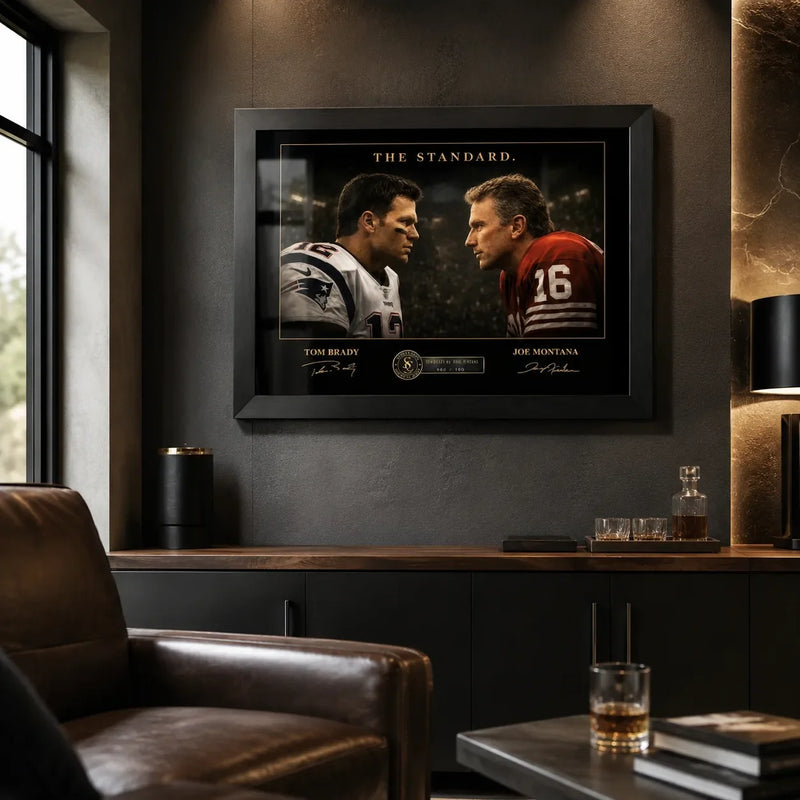 Tom Brady vs Joe Montana NFL wall art in a dark premium man cave with leather seating and bar cabinetry.