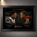 Black framed Tom Brady vs Joe Montana NFL wall art featuring both quarterbacks face to face in The Standard collector design.