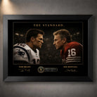 Black framed Tom Brady vs Joe Montana NFL wall art featuring both quarterbacks face to face in The Standard collector design.