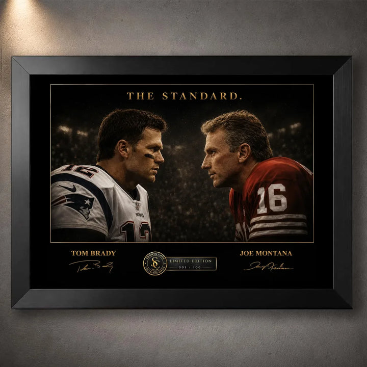 Black framed Tom Brady vs Joe Montana NFL wall art featuring both quarterbacks face to face in The Standard collector design.