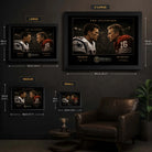 Tom Brady vs Joe Montana wall art size guide showing Small, Medium, Large and X Large framed dimensions.