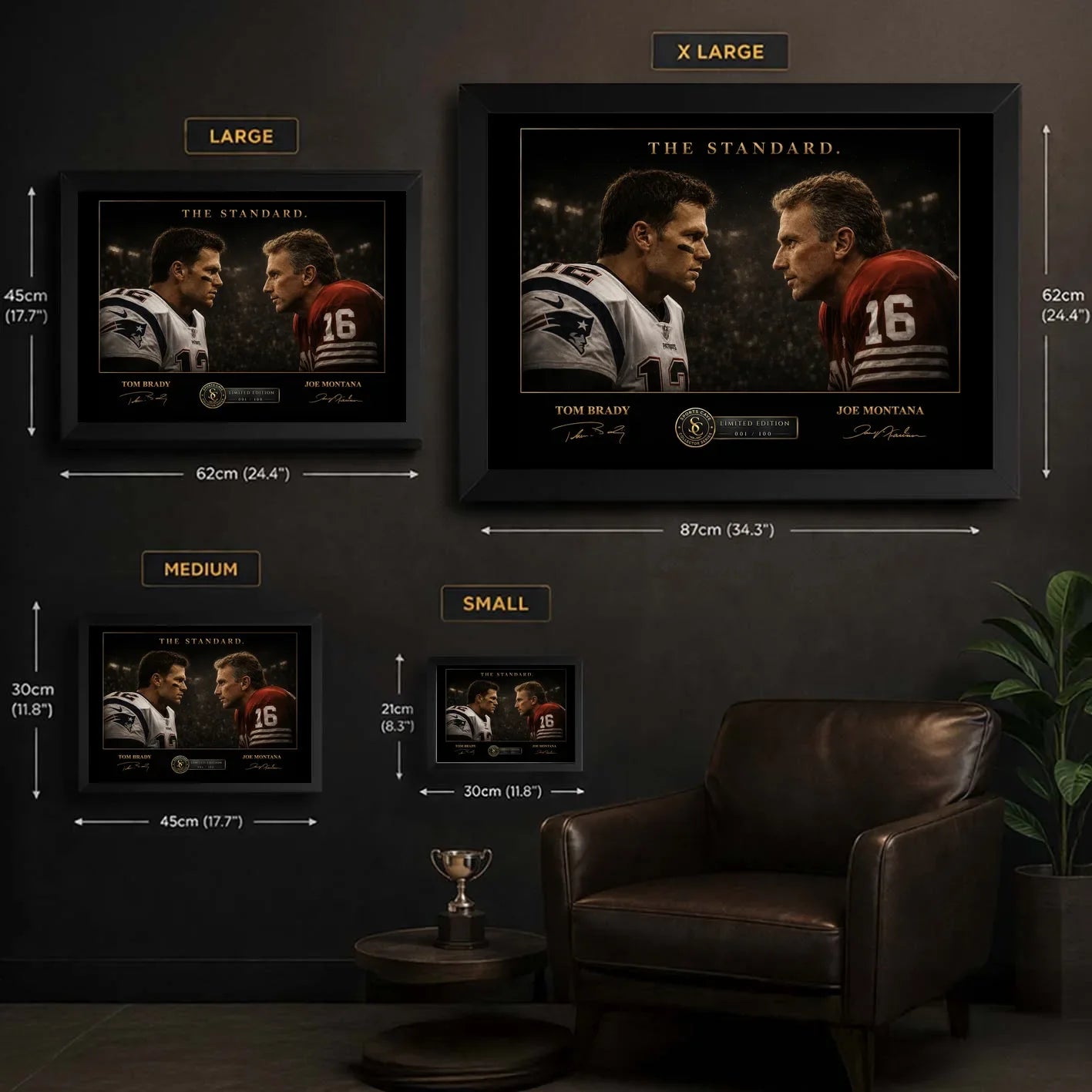 Tom Brady vs Joe Montana wall art size guide showing Small, Medium, Large and X Large framed dimensions.