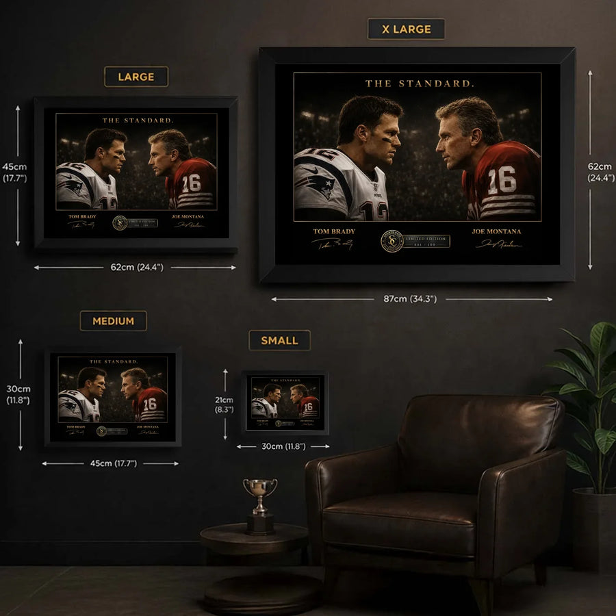 Tom Brady vs Joe Montana wall art size guide showing Small, Medium, Large and X Large framed dimensions.