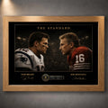 Oak framed Tom Brady vs Joe Montana NFL wall art featuring The Standard face-to-face collector artwork.