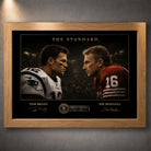 Oak framed Tom Brady vs Joe Montana NFL wall art featuring The Standard face-to-face collector artwork.