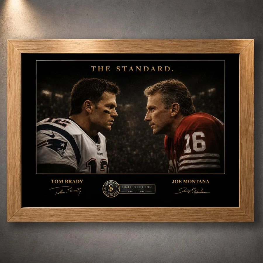Oak framed Tom Brady vs Joe Montana NFL wall art featuring The Standard face-to-face collector artwork.