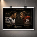 Unframed Tom Brady vs Joe Montana NFL wall art shown as a print with white border and hanging clips.