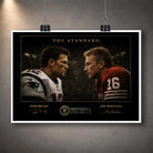 Unframed Tom Brady vs Joe Montana NFL wall art shown as a print with white border and hanging clips.