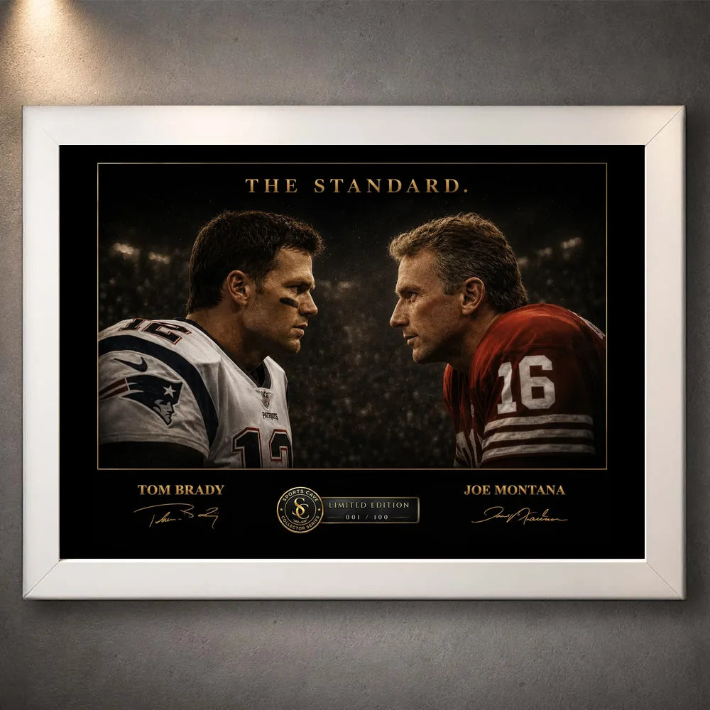 White framed Tom Brady vs Joe Montana NFL wall art featuring The Standard face-to-face collector artwork.