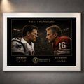 White framed Tom Brady vs Joe Montana NFL wall art featuring The Standard face-to-face collector artwork.