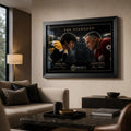 Black-framed Bobby Orr vs Gordie Howe hockey wall art displayed in a warm contemporary living room.