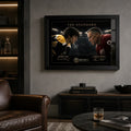 The Standard Bobby Orr vs Gordie Howe artwork displayed in a dark hockey-themed man cave with leather seating.