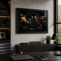 Black-framed Bobby Orr vs Gordie Howe hockey wall art mounted in a modern executive office beside a window.
