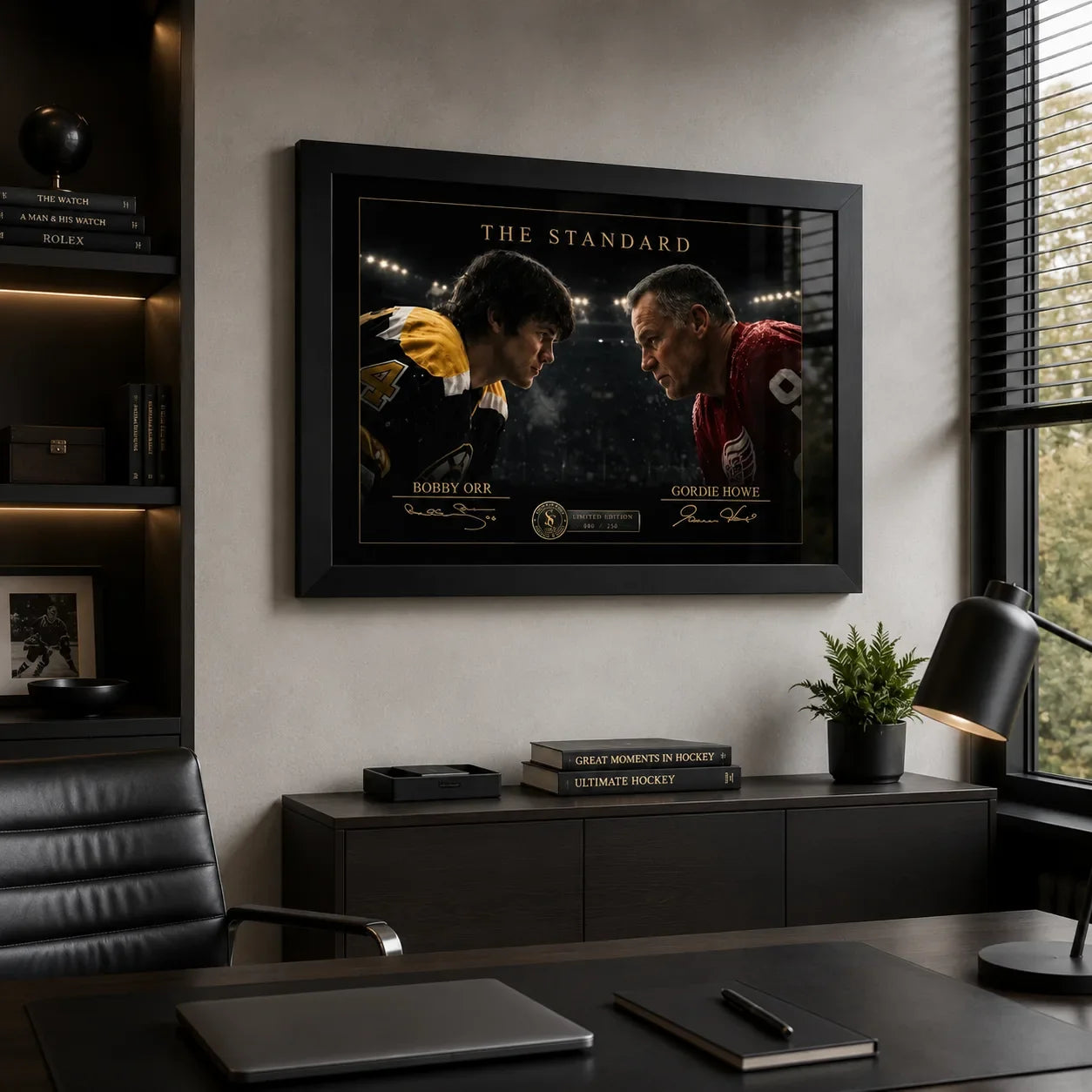 Black-framed Bobby Orr vs Gordie Howe hockey wall art mounted in a modern executive office beside a window.