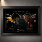 Bobby Orr and Gordie Howe face off in The Standard hockey wall art, presented in a premium black frame.