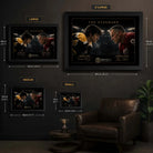 Size guide for The Standard Bobby Orr vs Gordie Howe framed hockey wall art in Small, Medium, Large and XL.