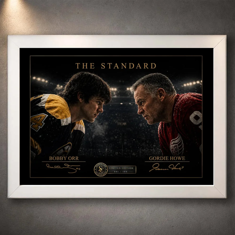 Bobby Orr and Gordie Howe face-off artwork in a clean white frame with premium black-and-gold styling.