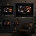 Size guide for Sosa vs McGwire Summer of ’98 framed baseball wall art in Small, Medium, Large and XL formats.