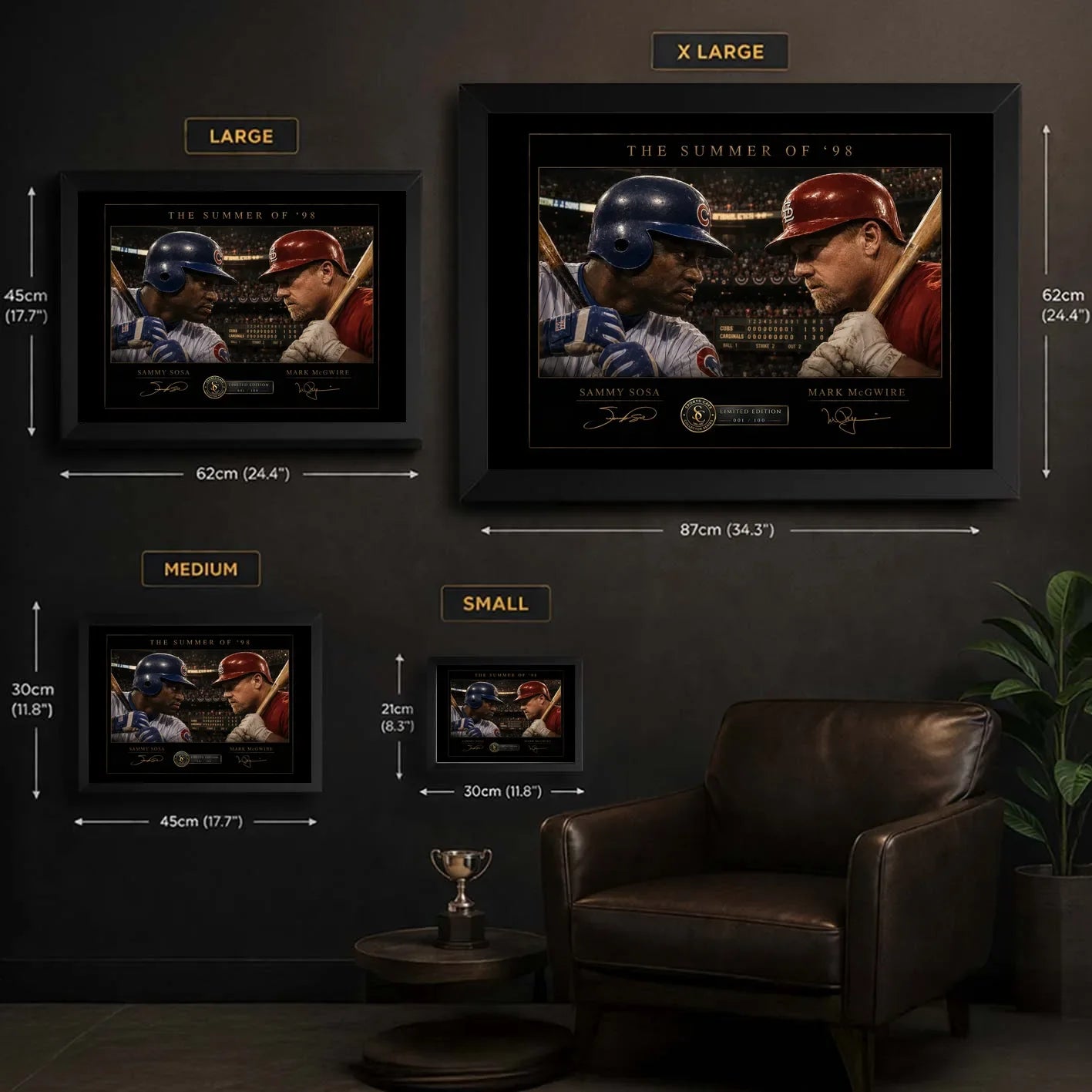 Size guide for Sosa vs McGwire Summer of ’98 framed baseball wall art in Small, Medium, Large and XL formats.